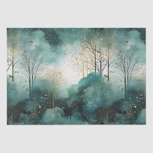Green Gold Trees with Birds Christmas Tissue Paper (Front)