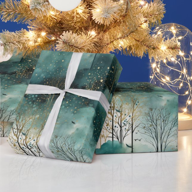 Green Gold Trees with Birds Christmas Wrapping Paper (Holidays)