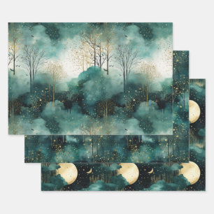 Green Gold Trees with Birds Christmas Wrapping Paper Sheet