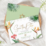 Green Gold Tropical Bat Mitzvah Floral Palm Modern Save The Date<br><div class="desc">Make sure all your friends and relatives will be able to celebrate your daughter’s milestone Bat Mitzvah! Send out this chic, personalised “Save the Date” announcement card. Stunning, colourful, tropical watercolor birds of paradise flowers, faux gold handwritten script, Star of David and glitter dots, along with green and grey modern...</div>