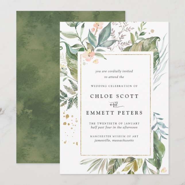 Green Gold Tropical Botanical Wedding Invitation (Front/Back)