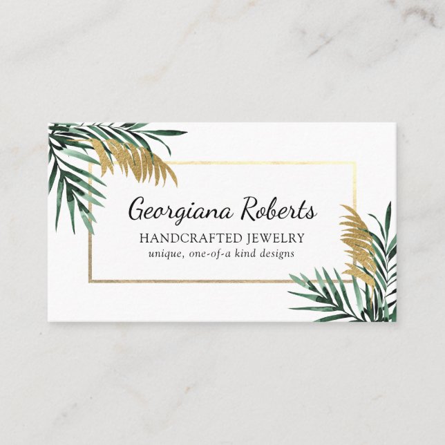 Green Gold Tropical Leaves Jewellery Designer Business Card (Front)