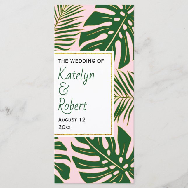 Green, gold tropical leaves pink wedding program programme (Front)