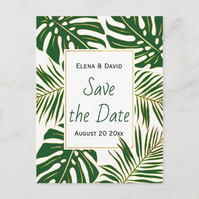 Green, gold tropical leaves wedding Save the Date Announcement Postcard (Front)