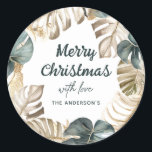 Green & Gold Tropical Palm Wreath Christmas Classic Round Sticker<br><div class="desc">Tropical watercolor green and gold palm wreath Merry Christmas Stickers Gift Tags. Click the edit/personalise button to customise this design with your text.</div>