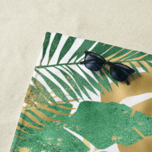 Green & Gold Tropical Plant Big Leaves Beach Towel