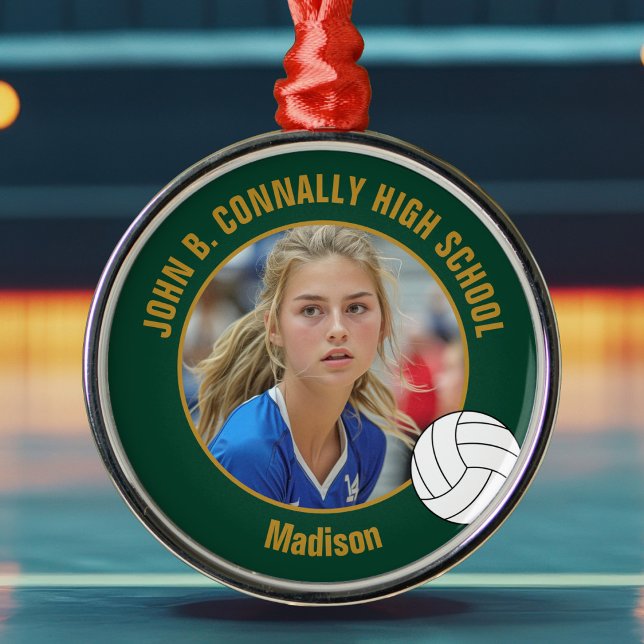 Green Gold Volleyball Player Photo Christmas Metal Tree Decoration (Creator Uploaded)