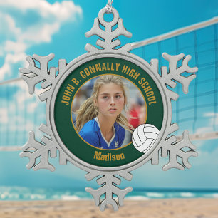 Green Gold Volleyball Player Photo High School Snowflake Pewter Christmas Ornament