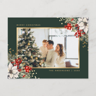 Green Gold Watercolor Botanical Photo Christmas Holiday Postcard