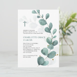 Green & Gold Watercolor Eucalyptus Baptism Invitat Invitation
