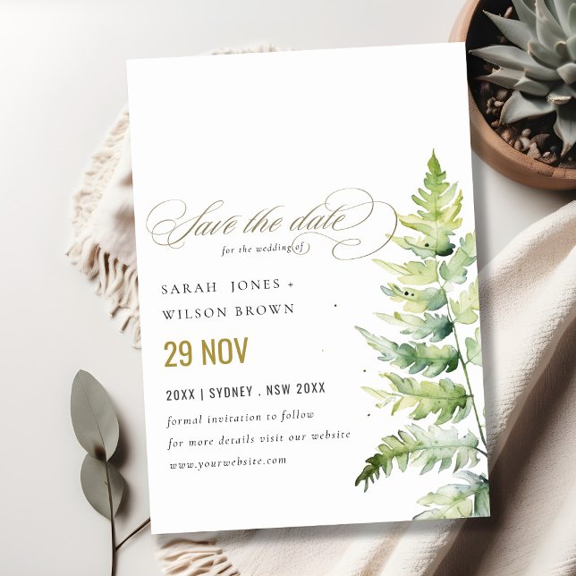 Green Gold Watercolor Fern Foliage Wedding Save The Date (Creator Uploaded)