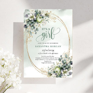 Green Gold Watercolor Foliage It’s A Girl Invite