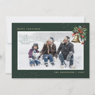 Green Gold Watercolor Holly Bell Photo Holiday Card