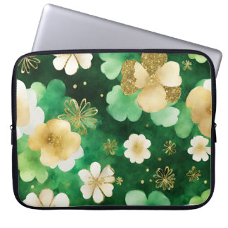GREEN & GOLD WATERCOLOR IRISH SHAMROCKS LAPTOP SLEEVE