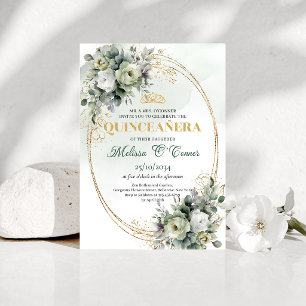 Green Gold Watercolor Quinceañera Invitation