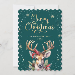Green Gold Watercolor Reindeer Snow Christmas Card