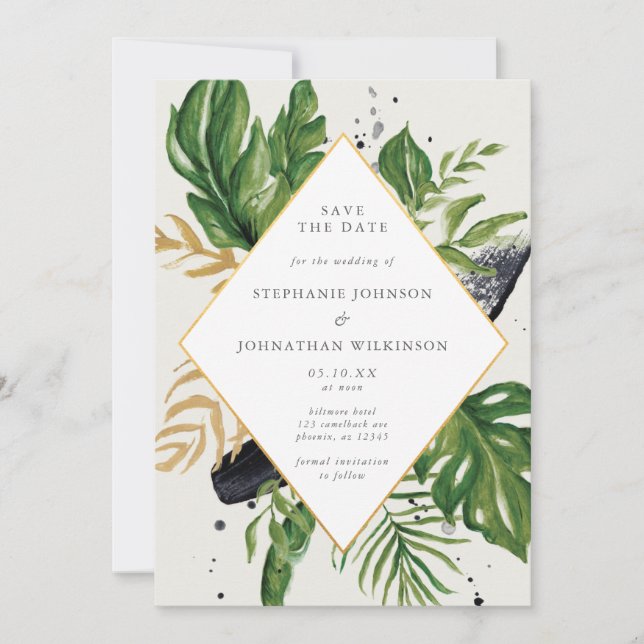 Green & Gold Watercolor Tropical Save the Date Invitation (Front)
