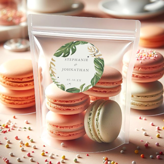 Green & Gold Watercolor Tropical Wedding Classic Round Sticker (Green & Gold Watercolor Tropical Wedding Classic Round Sticker)