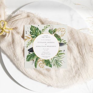 Green & Gold Watercolor Tropical Wedding Save The Date