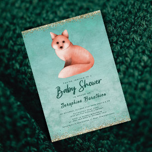 Green Gold Watercolor Woodland Fox Baby Shower Invitation