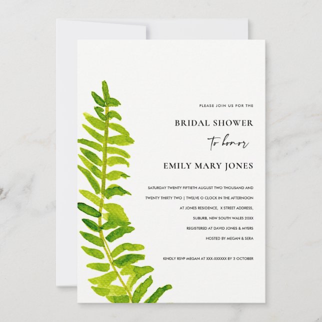 GREEN GOLD WATERCOLOUR FERN FOLIAGE BRIDAL SHOWER INVITATION (Front)
