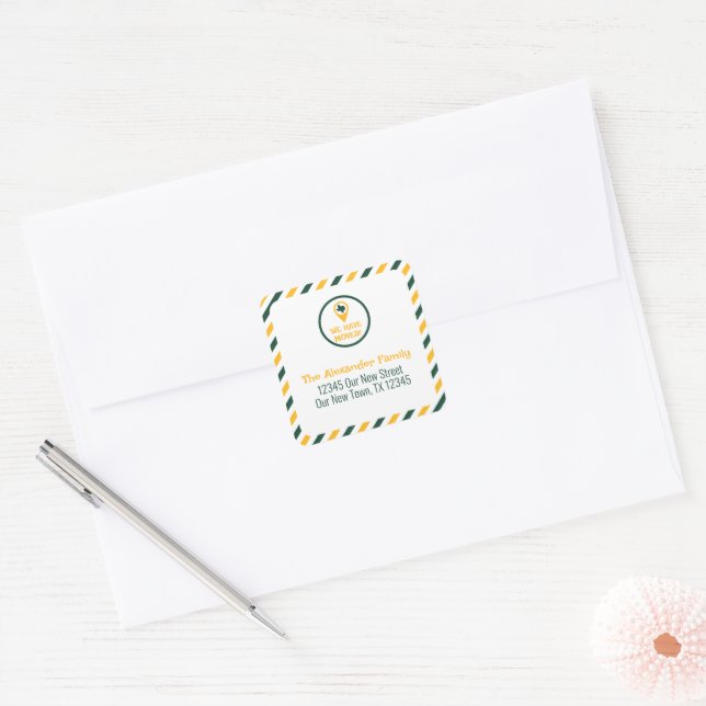 Green & Gold We Have Moved Striped Moving  Square Sticker (Envelope)