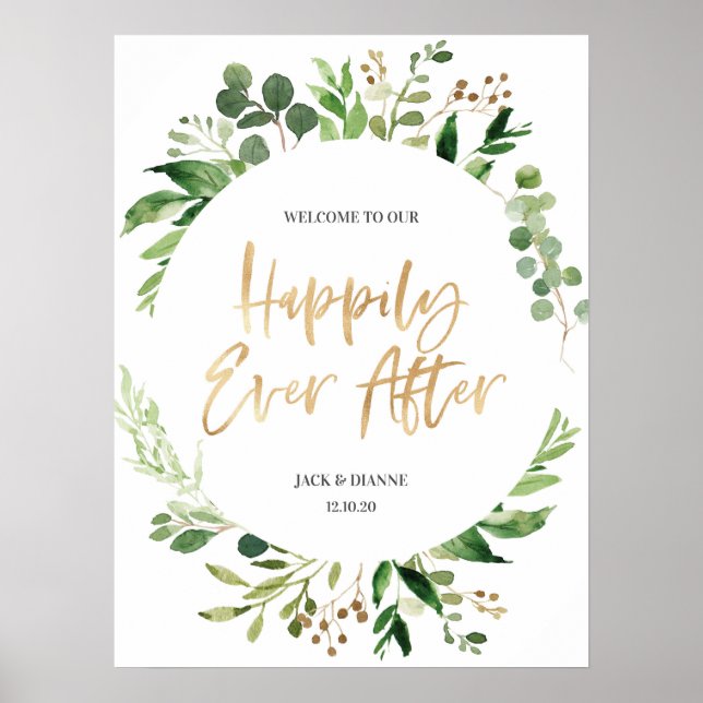 Green Gold Wedding Welcome Sign Happily ever after (Front)