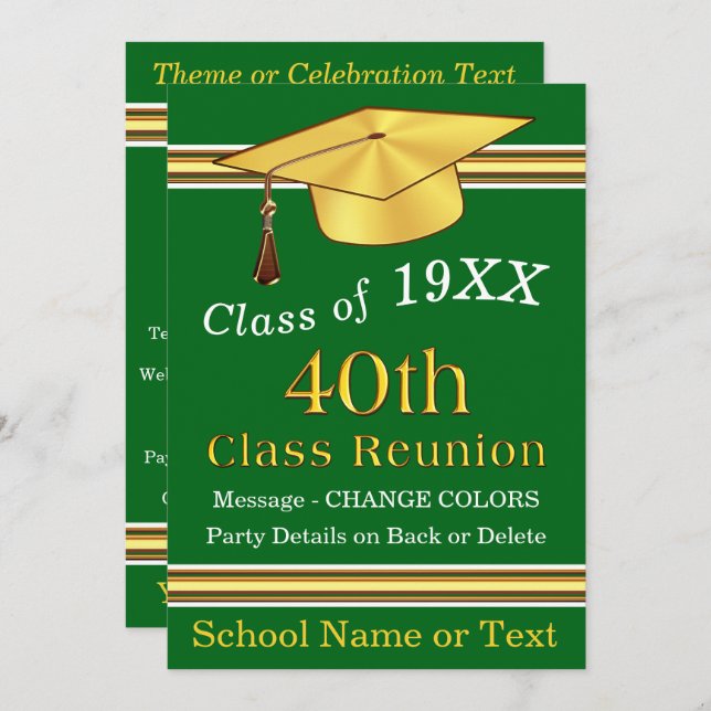 Green, Gold, White, 40th Class Reunion Invitations (Front/Back)