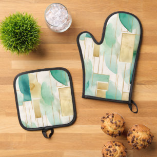 Green Gold White Abstract Oven Mitt & Pot Holder Set