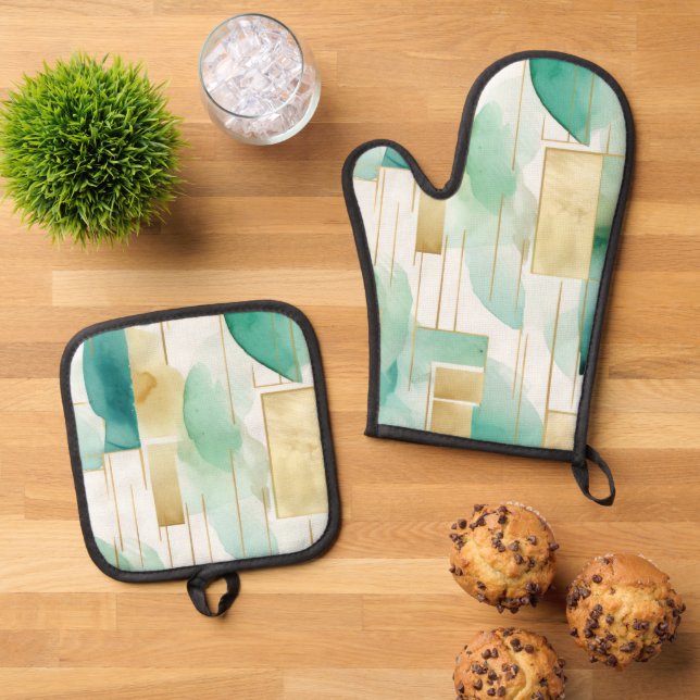 Green Gold White Abstract Oven Mitt & Pot Holder Set (Top Down)