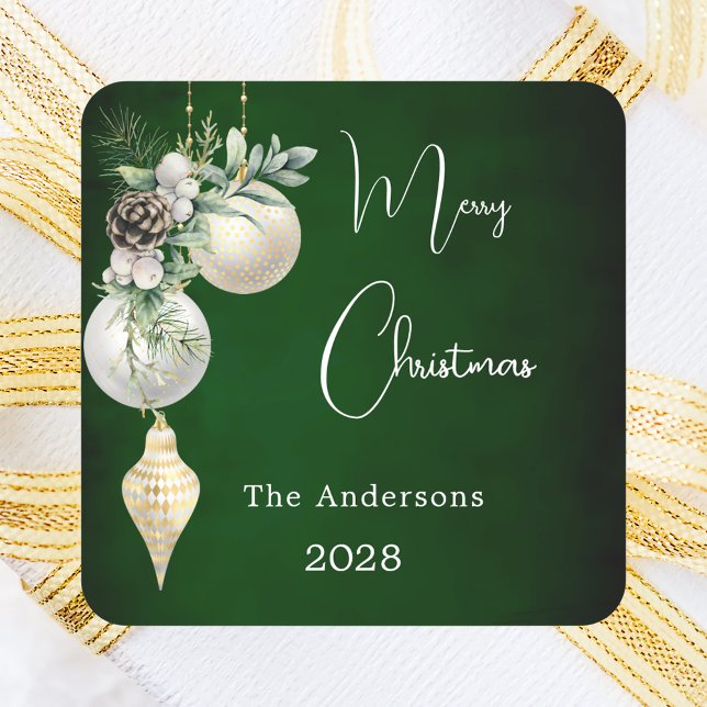Green gold white baubles Christmas Square Sticker (Creator Uploaded)