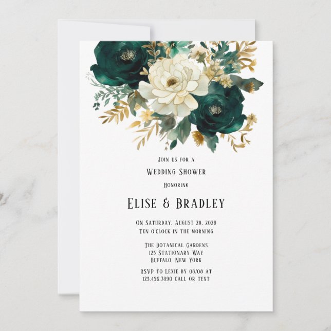 Green Gold White Botanical Floral Wedding Shower Invitation (Front)