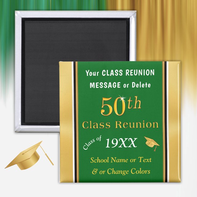 Green, Gold, White Cheap 50th Class Reunion Gifts Magnet (Green, Gold, White, 50th Class Reunion Party Favors. Personalized, 50 year class reunion souvenirs.)