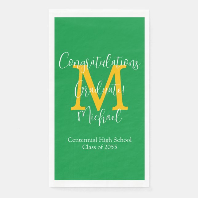 Green Gold White Graduation Party Name Monogram  Napkin (Front)