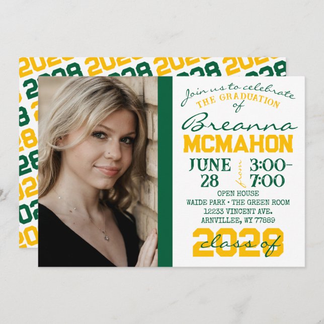 Green, Gold & White Graduation Photo Invitation (Front/Back)