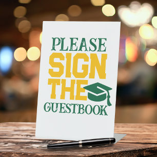Green, Gold & White Guestbook Graduation Table Pedestal Sign