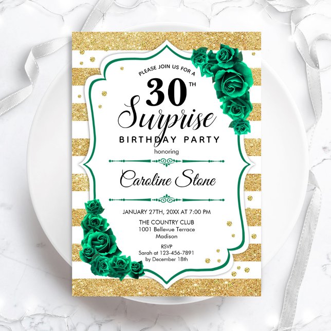 Green Gold White Surprise 30th Birthday Invitation (Creator Uploaded)