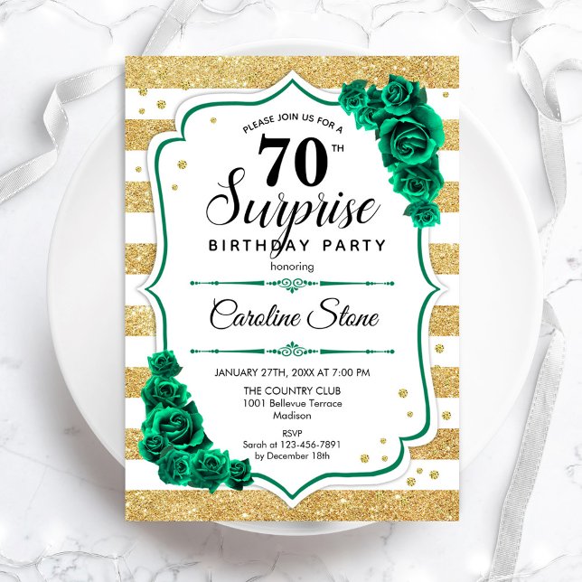 Green Gold White Surprise 70th Birthday Invitation (Creator Uploaded)