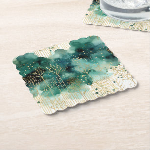 Green Gold White Trees Christmas Paper Coaster