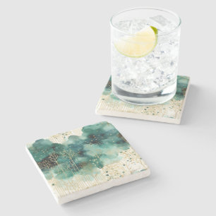 Green Gold White Trees Christmas Stone Coaster