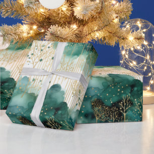 Green  Gold White Trees Christmas Wrapping Paper