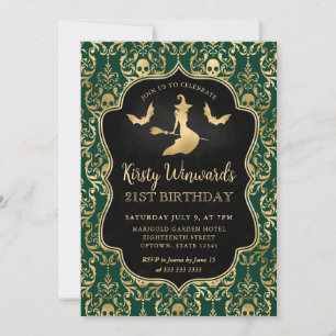 Green Gold Witch and Skulls Damask 21st Birthday Invitation