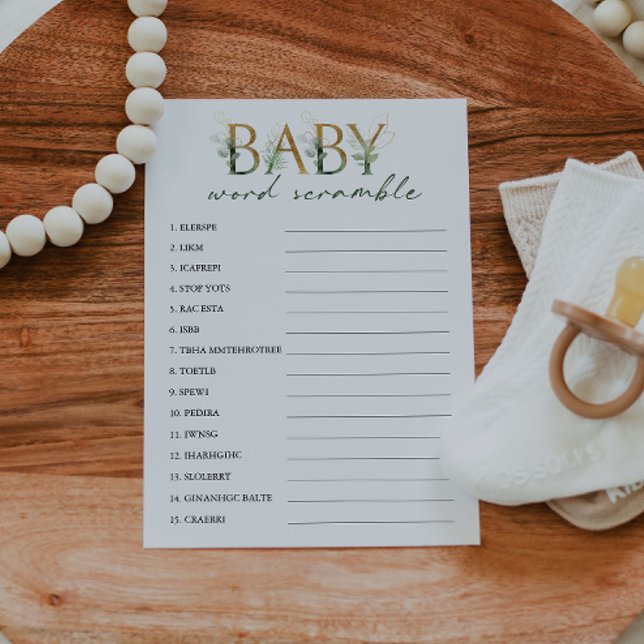 Green & Gold Word Scramble Baby Shower Game Card (Creator Uploaded)