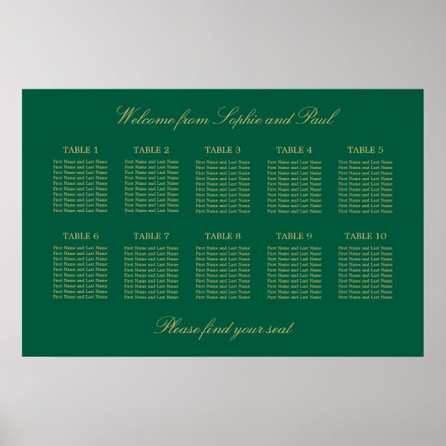 Green Golden Beige 10 Table Seating Chart Poster (Front)