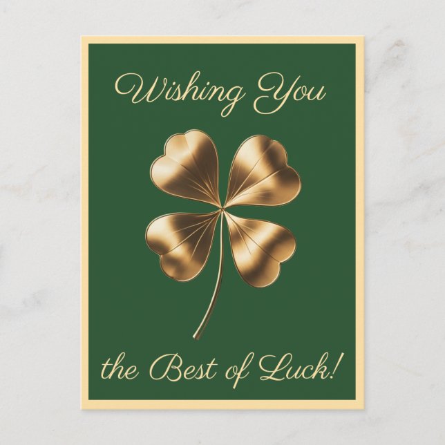 Green Golden Four-leaf Clover Good Luck Postcard (Front)
