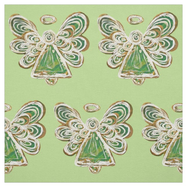 Green Golden Guardian Angel Art Fabric Material (Swatch)