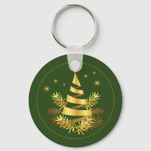 Green Golden Leaves Stars Christmas Tree Key Ring