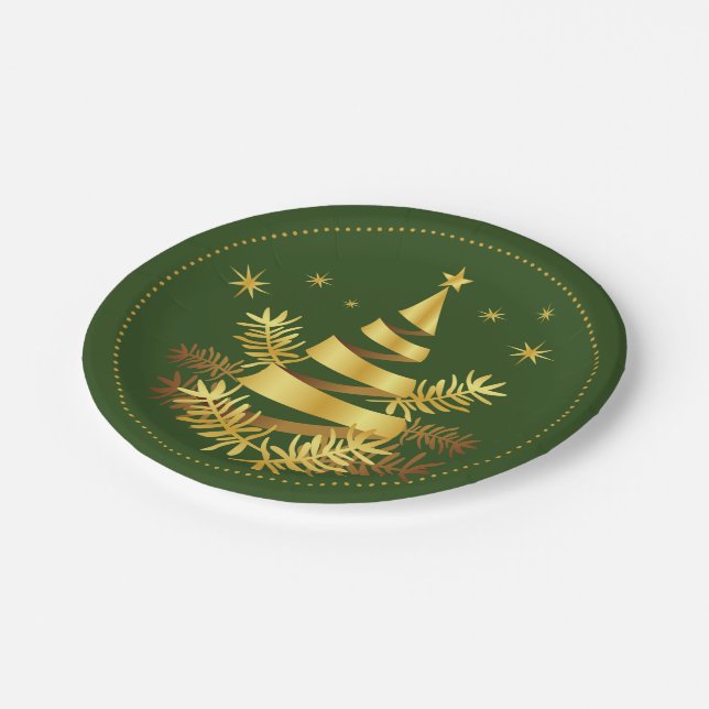 Green Golden Leaves Stars Christmas Tree Paper Plate (Angled)