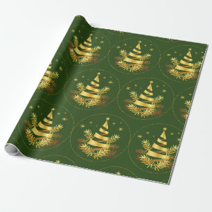 Green Golden Leaves Stars Christmas Tree Wrapping Paper