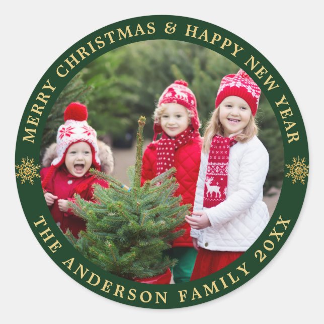 Green & Golden Merry Christmas Holiday PHOTO Classic Round Sticker (Front)